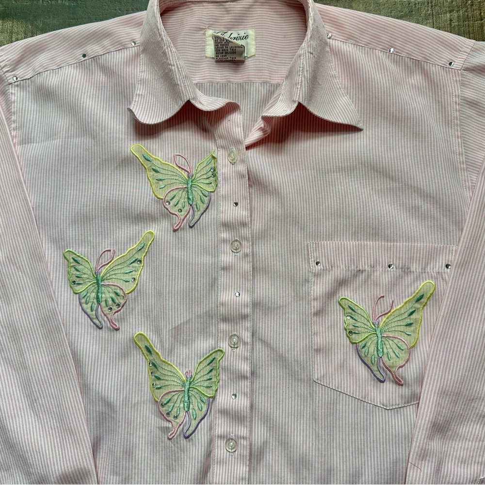 Vintage Fabrizio Afina Pink Stripe Butterfly Embroidered Rhinestone Button Up L